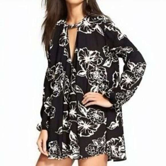 Free People Tops - Free People Small Lost In You Printed Tunic Dress Floral Flowy High Neck Hippie